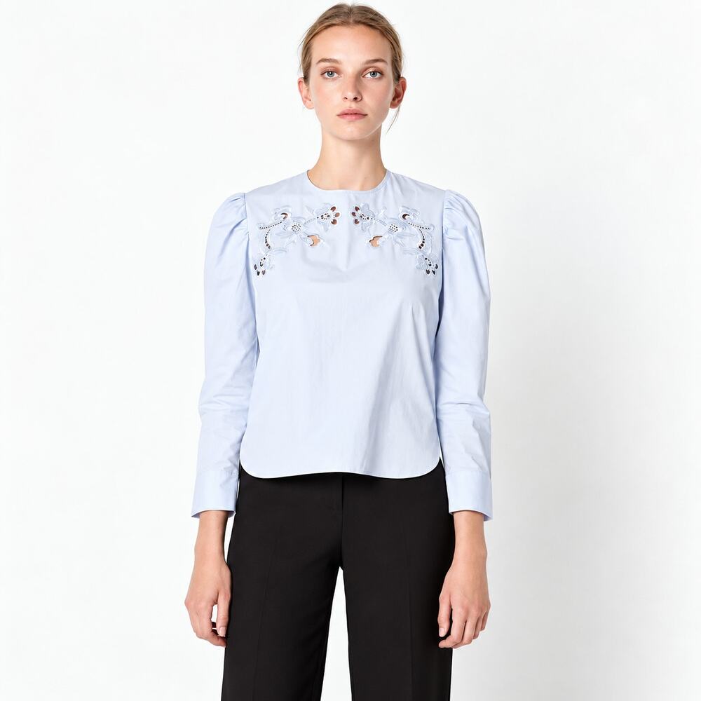 SANDRO Paris Puff Sleeve Embroidered Yoke top in light blue size 3